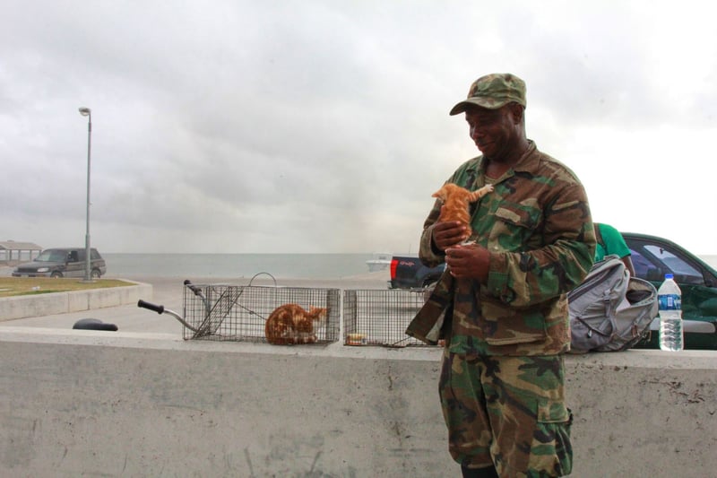 Corporal Williams with Irma the kitten in Barbuda - World Animal Protection - Disaster management